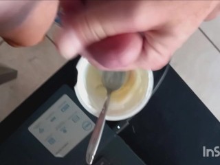 Quick yogurt, porn, and cum break before going back to work