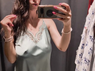 Night dresses Silent TRY ON in lingerie store hot brunette big tits