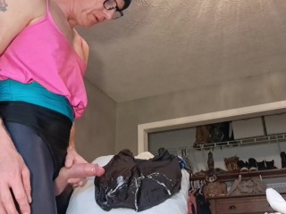 Older sissy with a HUGE girly dick explodes with an intense pleasure cumshot in a 🩱 🩱swimsuit