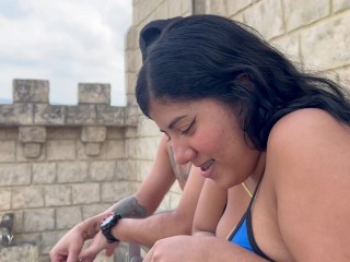 My cute stepsister is alone on the balcony and I come to warm her up to fuck her outdoors