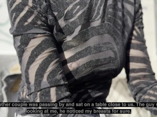Part II - Sexy wife wears sheer blouse in public in front of everyone exposing her pierced nipples