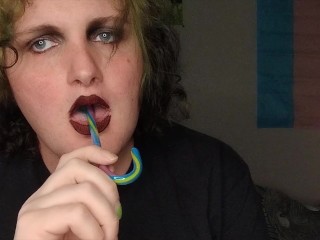 Plus size trans woman sucks on some candy and plays with herself