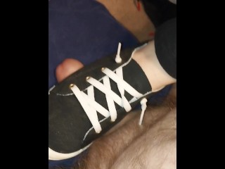 BBW stomping on hubby's cock with sneakers and bare foot, cum denial