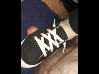 BBW stomping on hubby's cock with sneakers and bare foot, cum denial