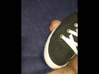BBW stomping on hubby's cock with sneakers and bare foot, cum denial