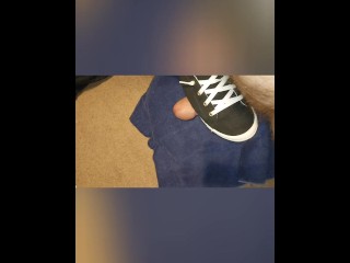 BBW stomping on hubby's cock with sneakers and bare foot, cum denial