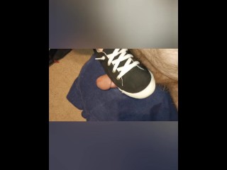 BBW stomping on hubby's cock with sneakers and bare foot, cum denial