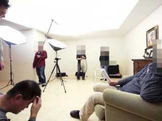 The cute hairy asian interview lady ended up dressed in loose lingerie for her audience.