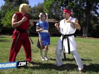 COSPLAYGROUND - Jade Kush as Chun Li Fights To Take Two Dicks At The Same Time