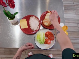 Blonde, petite, small tits, shaved pussy, blowjob, deep throating, handjob, kitchen sex, anal play,