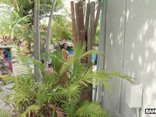 BANGBROS - Busty Ebony Mystique Caresses Her Enhanced Tits By The Pool While Her Stepson Is Watching