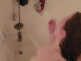 Chubby busty MILF taking shower, soapy, orgasm with water