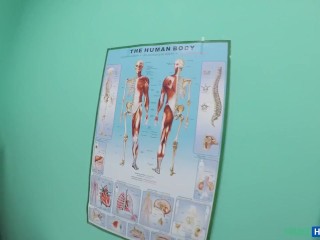 Sexy Medical STUDENT is given a hand on pracial lesson in the male genitalia - Fake Hospital