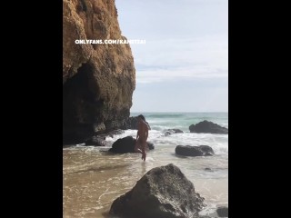 Latín man jerking off at the public beach. Naturist