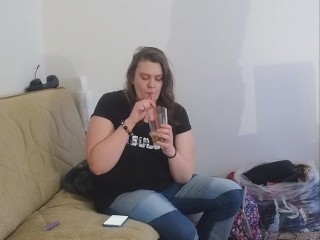 Layla drinks full glass of piss using a straw