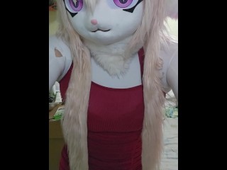 Kigurumi sexy cat girl in lingerie masturbating his dick