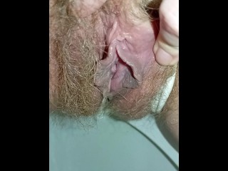 Hairy pussy peeing on your face in the toilet and dripping cream to let you clean with your tongue