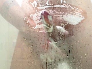 Washing soapy cock in  shower - female pov full video no hands with cumshot