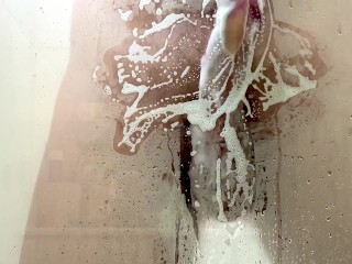 Washing soapy cock in  shower - female pov full video no hands with cumshot
