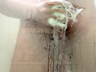 Washing soapy cock in  shower - female pov full video no hands with cumshot
