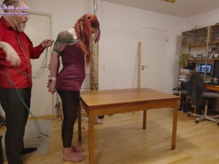 Experiment: Girl in tight hogtie on table!