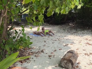 Public Pickup Stepmom and Stepdaughter on Beach - Risky Dick Flashing