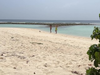 Public Pickup Stepmom and Stepdaughter on Beach - Risky Dick Flashing