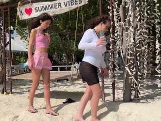 Public Pickup Stepmom and Stepdaughter on Beach - Risky Dick Flashing