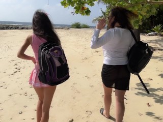 Public Pickup Stepmom and Stepdaughter on Beach - Risky Dick Flashing
