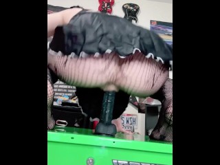 Skinny goth babe rides her toolbox