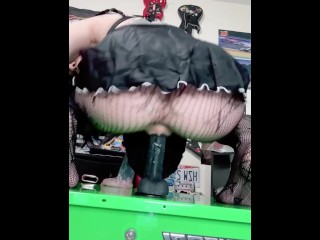 Skinny goth babe rides her toolbox