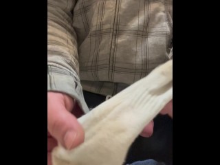 He gets so turned on playing with her dirty socks moaning and groaning orgasm