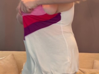 Amateur big boobs blonde MILF caught exercising by son’s best friend
