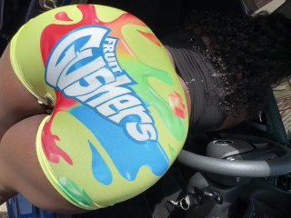 Big Booty Ebony Gets Fucked Through a Hole in Her Tight Gusher Shorts on Her Way to the Car Wash