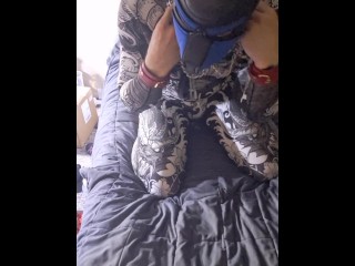 Self bondage chain leather collar feet