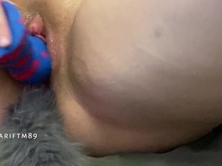 FTM puppy boy with tail plug knots himself with dildo