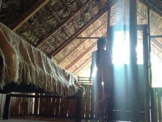 Beautiful girl is pleasuring herself and getting fucked bamboo hut in the jungle