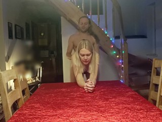 Milf orgasms while fucked from behind up against red kitchen table! Cum licking in the end.