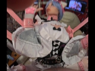 Neko Bondage Rem in sex swing cum on belly