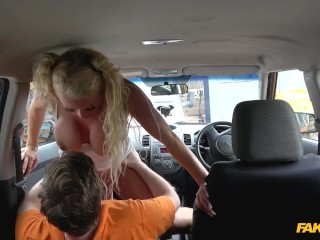 Blonde MILF with hair in Bunches strips off for a wild ride in a car - Fake Driving School