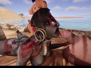 Blue Skinned Red Eyed Babe Take Cum In Mouth And Ass