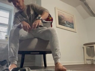 Sweaty feet and big dick stroking