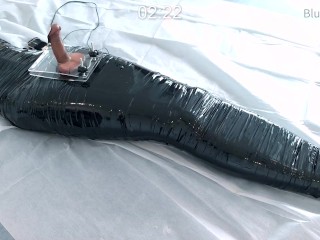 femboy in catsuit and thigh boots self mummified and CBT balls torture e-stimluation and cum