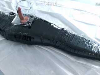 femboy in catsuit and thigh boots self mummified and CBT balls torture e-stimluation and cum