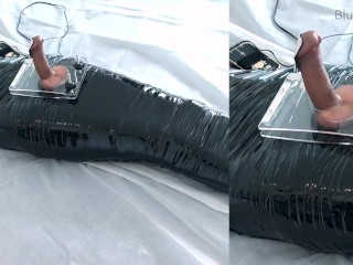femboy in catsuit and thigh boots self mummified and CBT balls torture e-stimluation and cum