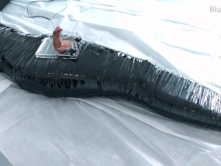 femboy in catsuit and thigh boots self mummified and CBT balls torture e-stimluation and cum