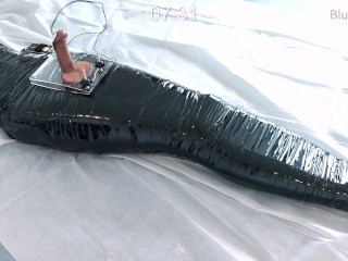 femboy in catsuit and thigh boots self mummified and CBT balls torture e-stimluation and cum