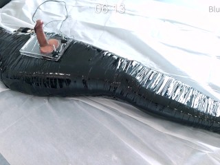 femboy in catsuit and thigh boots self mummified and CBT balls torture e-stimluation and cum