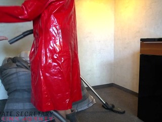 my private secretary after work in red latex coat fucked in several positions at home