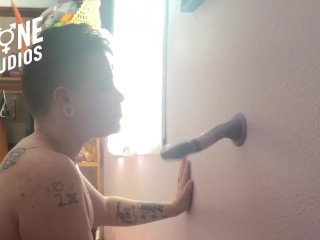 Trans Man Fucks and Sucks Wall Dildo